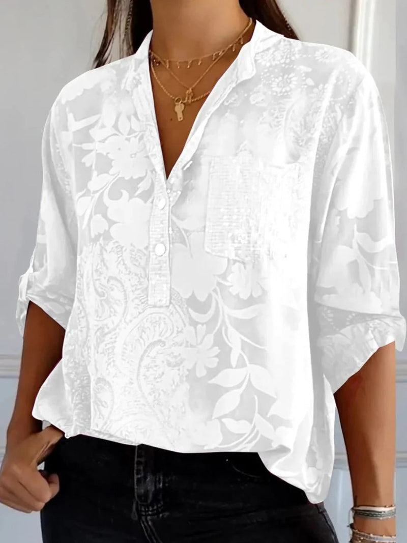 White V-Neck Long Sleeve Blouse
