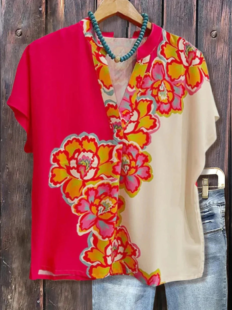 Distinctive Red V-Neck Short Sleeve Blouse