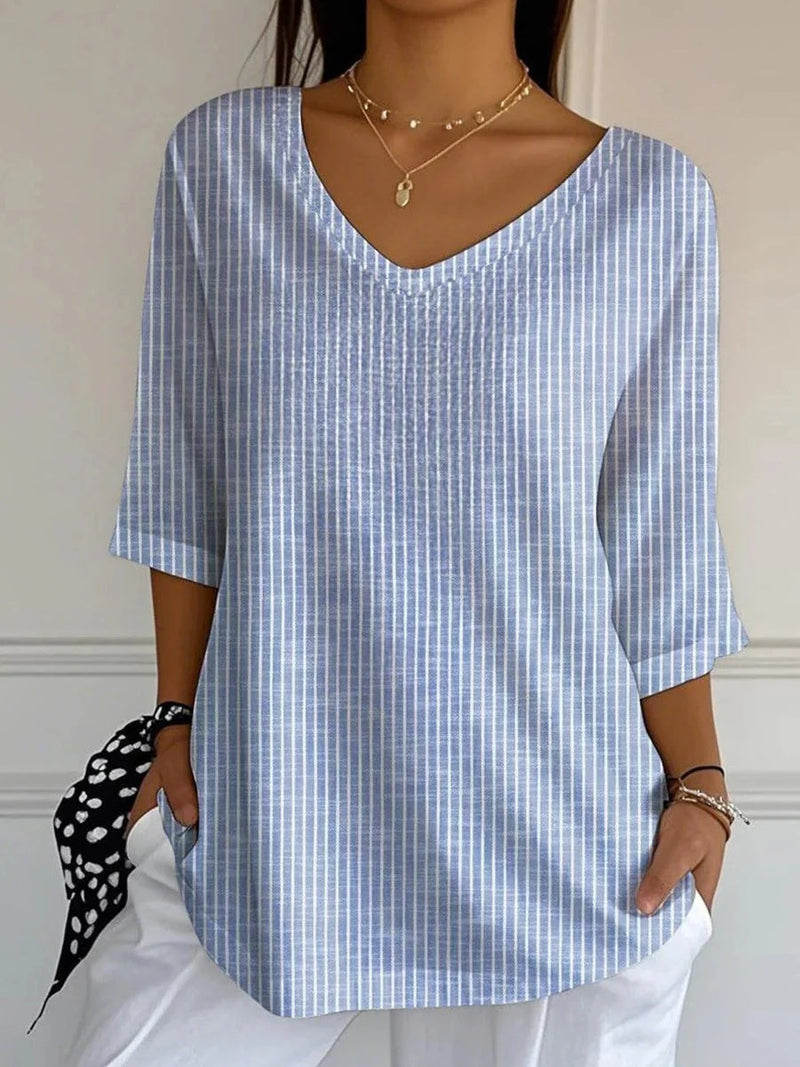 Blue V-Neck 3/4 Sleeve Striped Blouse