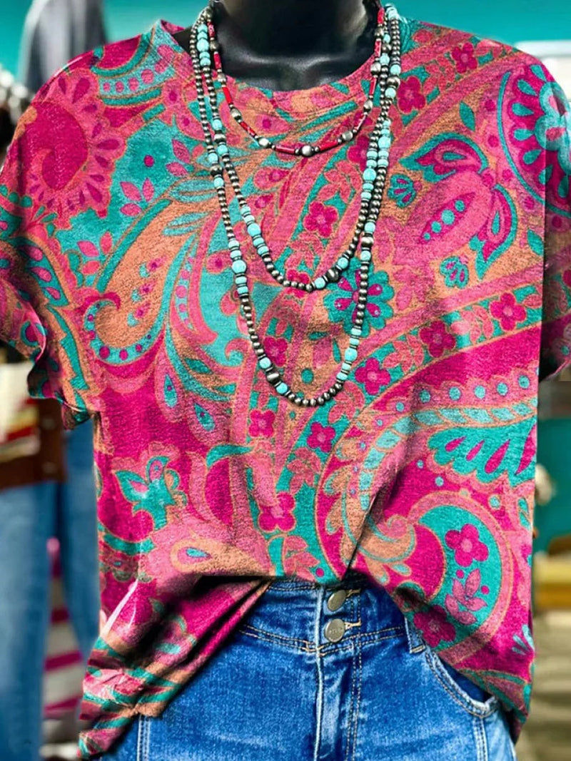 Pink Round Neck Short Sleeve Blouse