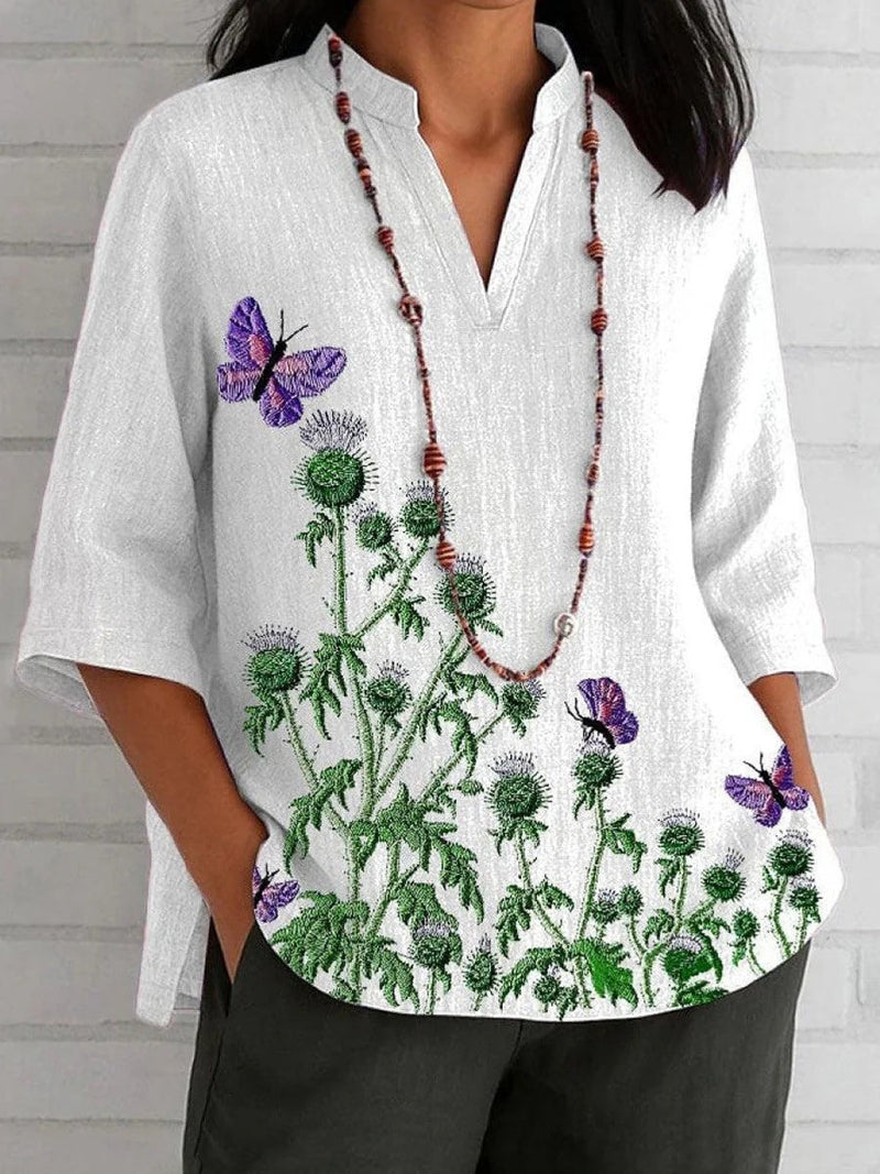 Comfy V-Neck 3/4 Sleeve Floral Print Blouse