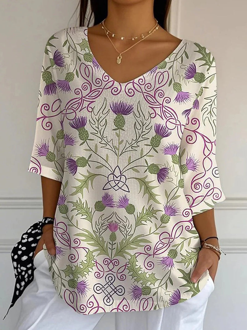 Groovy V-Neck 3/4 Sleeve Floral Print Blouse