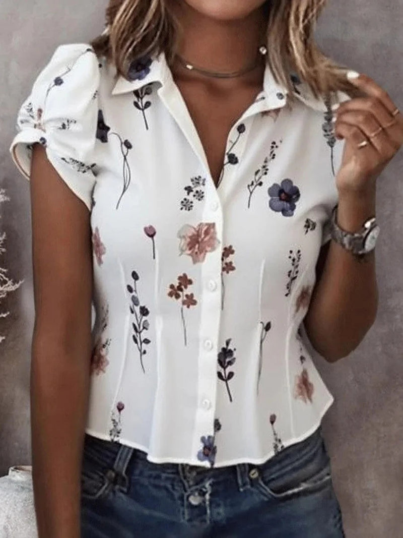 White Floral Print Collared Short Sleeve Shirt