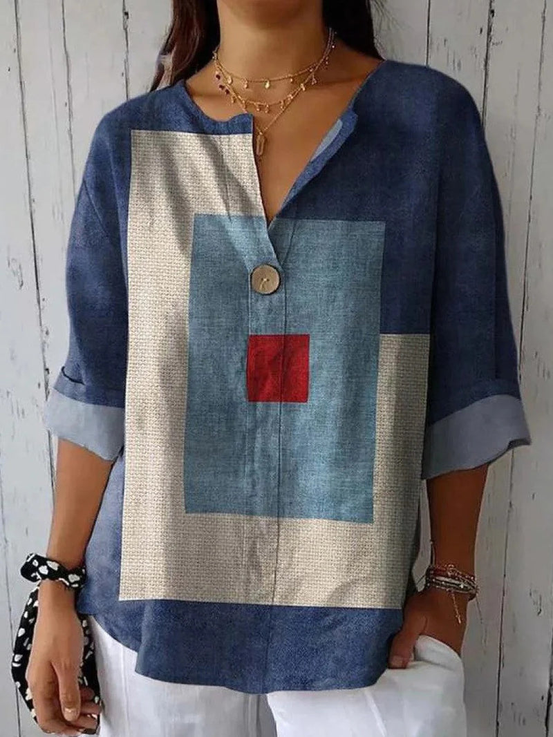 Blue Breezy 3/4 Sleeve V-Neck Color Block Blouse
