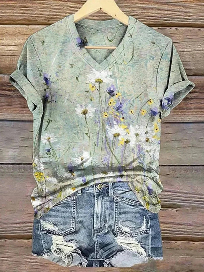 Vintage Floral Print V-Neck Short Sleeve T-Shirt