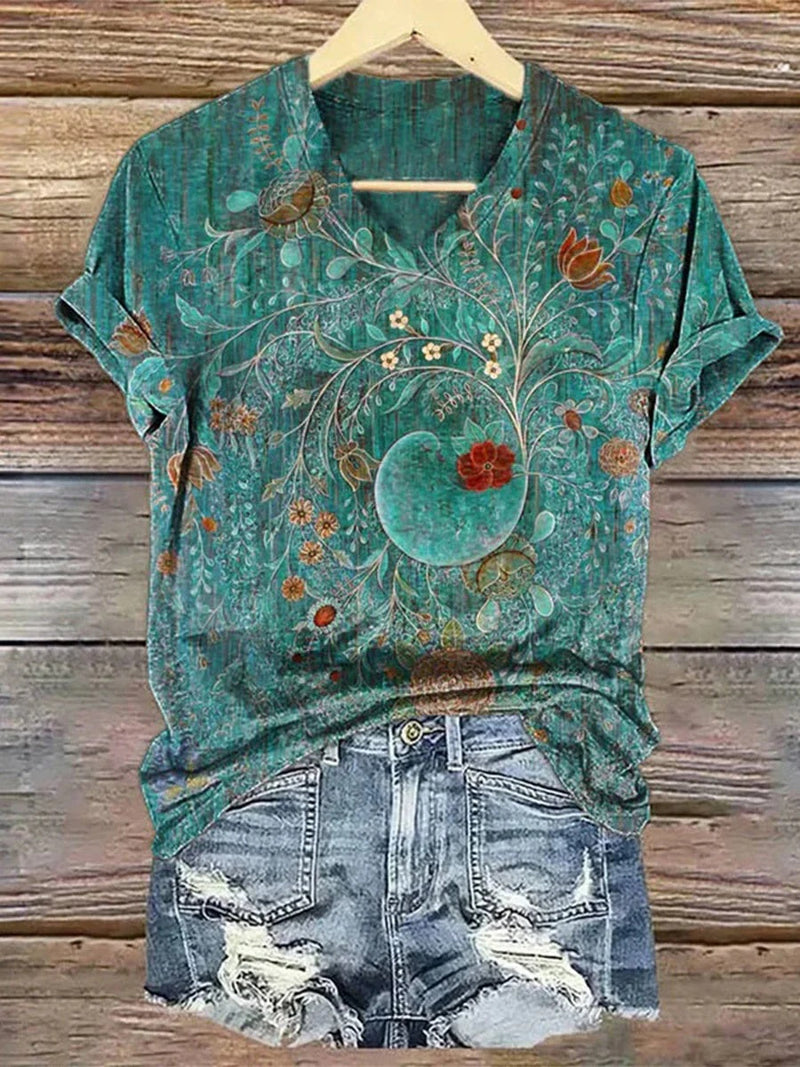 Vintage Floral Print V-Neck Short Sleeve T-Shirt