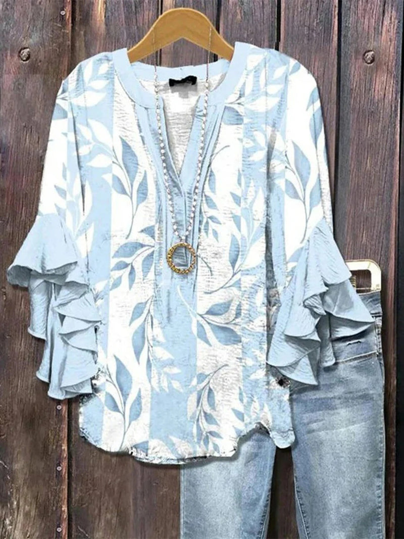 Blue Casual Leaf Print V-Neck Half Sleeve Blouse