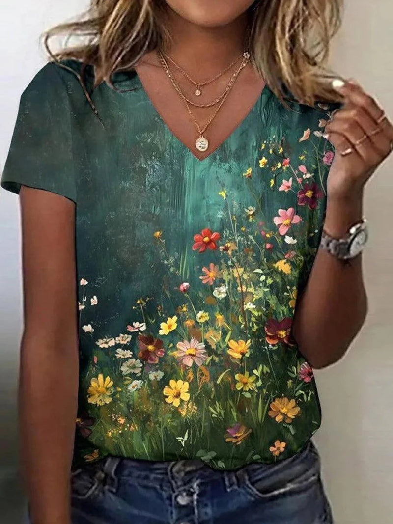 Modern Floral Print V-Neck Short Sleeve Blouse