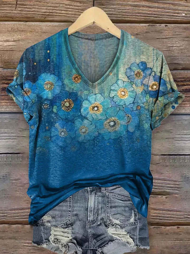 Breezy V-Neck Short Sleeve Floral Print Blouse