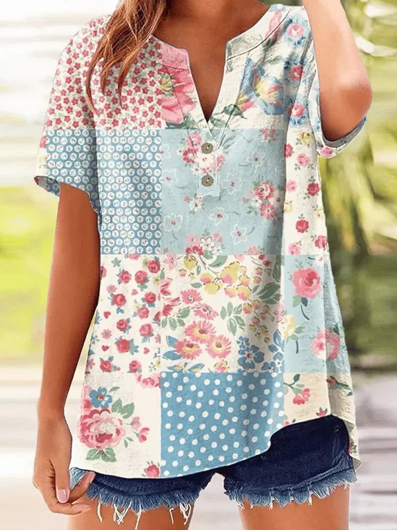 Popular Floral Print V-Neck Short Sleeve Blouse