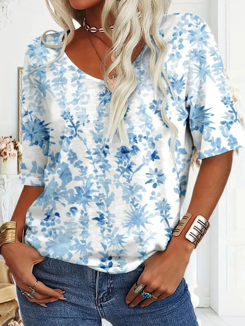 Distinctive Blue V-Neck Short Sleeve Blouse