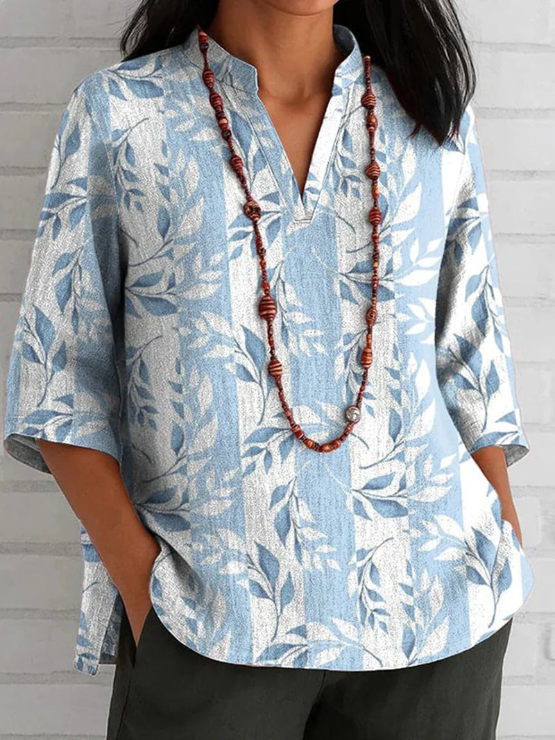 Unique Plant Print V-Neck 3/4 Sleeve Blouse