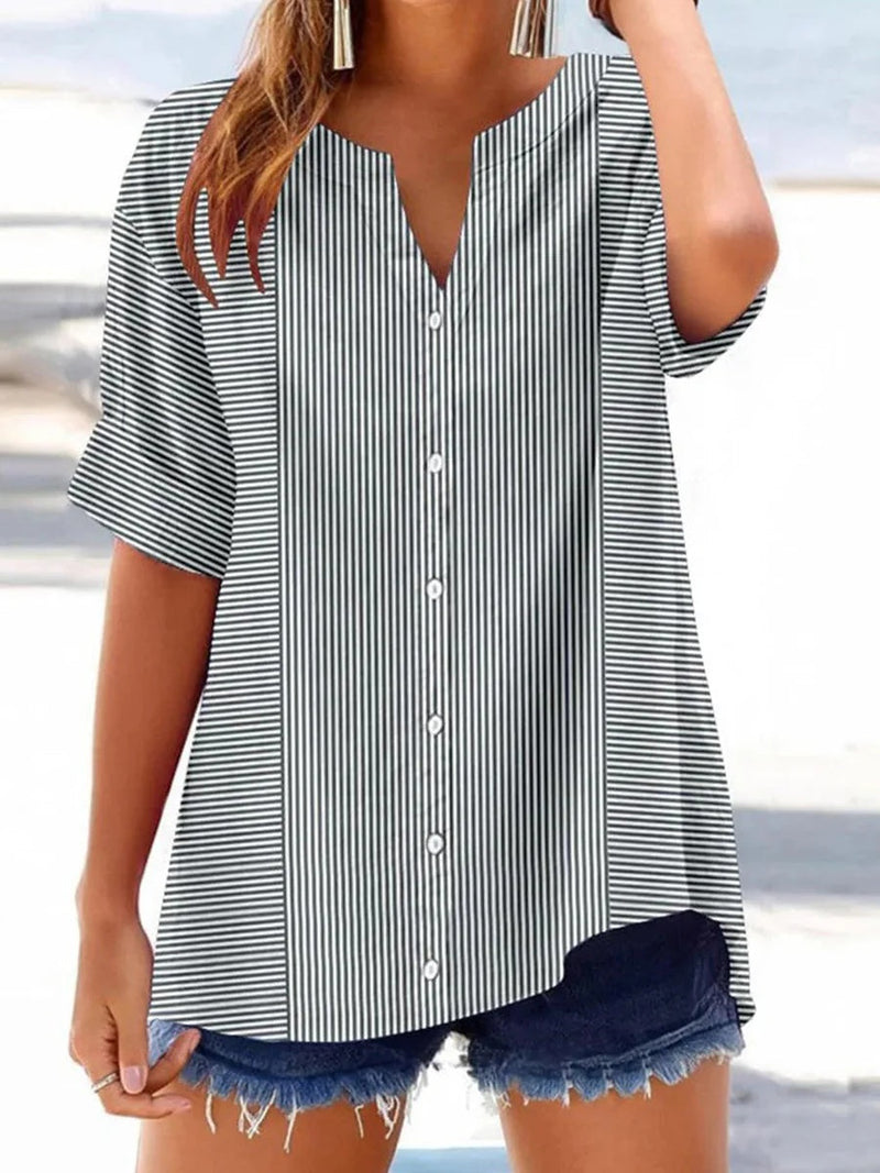 Unique V-Neck Short Sleeve Striped Blouse