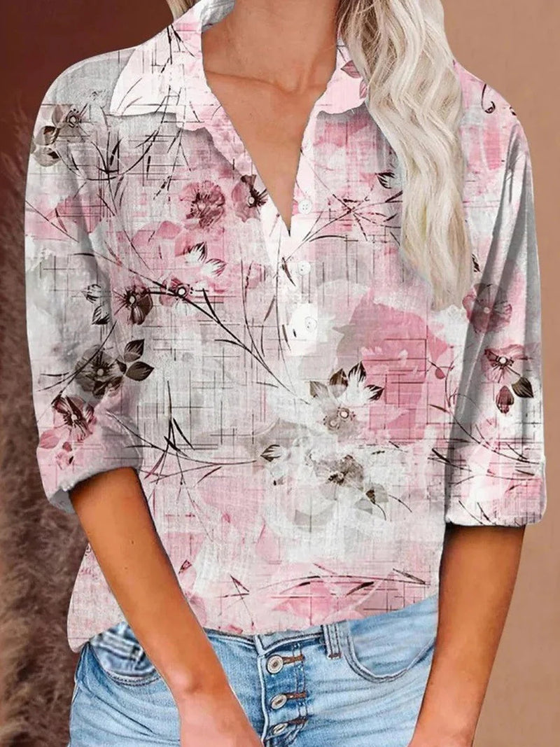 Sweet Floral Print Long Sleeve Collared Blouse