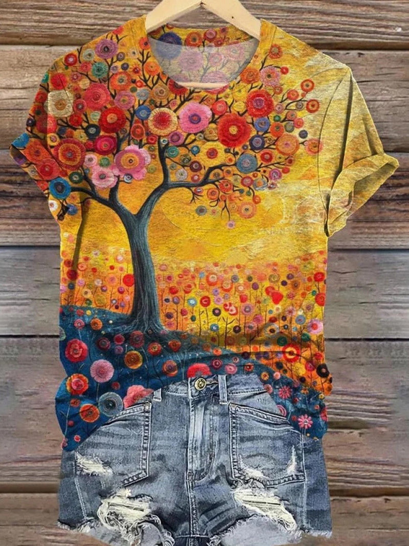 Yellow Floral Print Round Neck Short Sleeve Blouse
