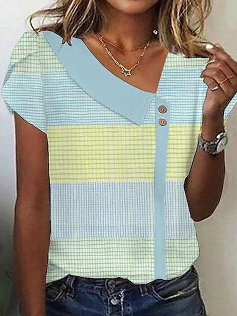 Special Striped Print V-Neck Short Sleeve Blouse