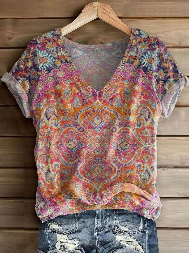Retro V-Neck Short Sleeve Blouse