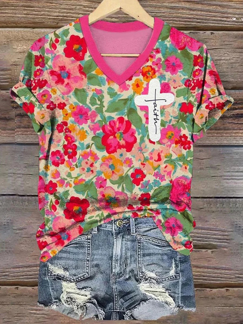 Sweet V-Neck Short Sleeve Pink Blouse