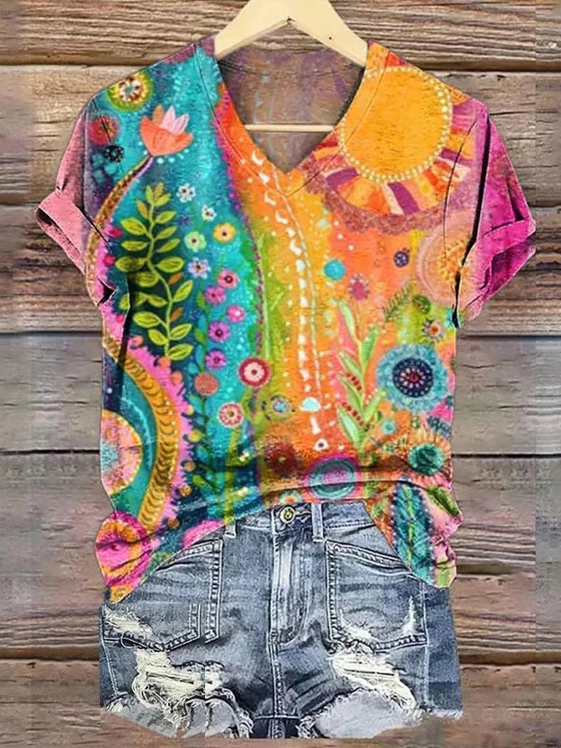 Stunning V-Neck Short Sleeve Multicolor Blouse