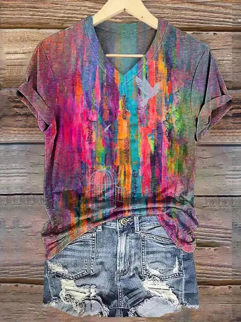 Special V-Neck Short Sleeve Multicolor Blouse