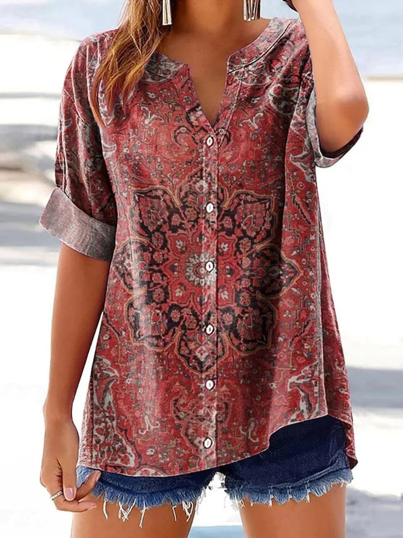 Red V-Neck Short Sleeve Blouse