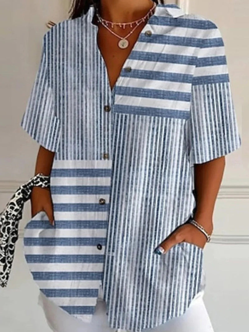 Blue Short Sleeve Striped Blouse