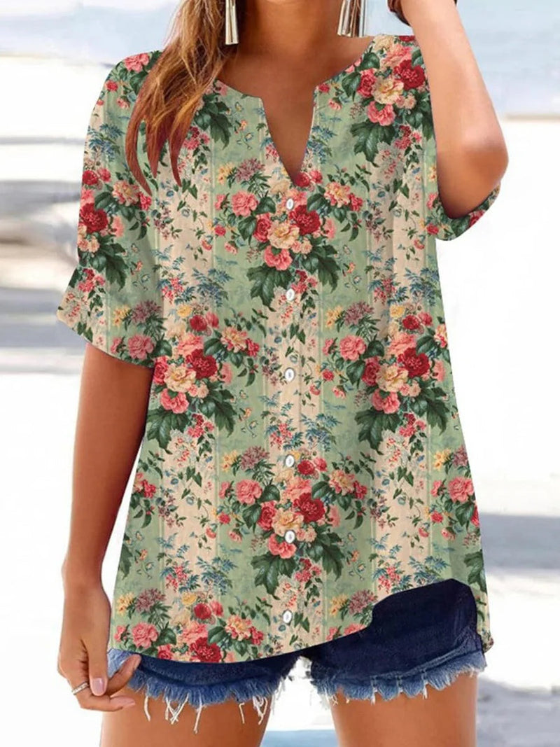 Fresh Green Floral Print V-Neck Short Sleeve Blouse