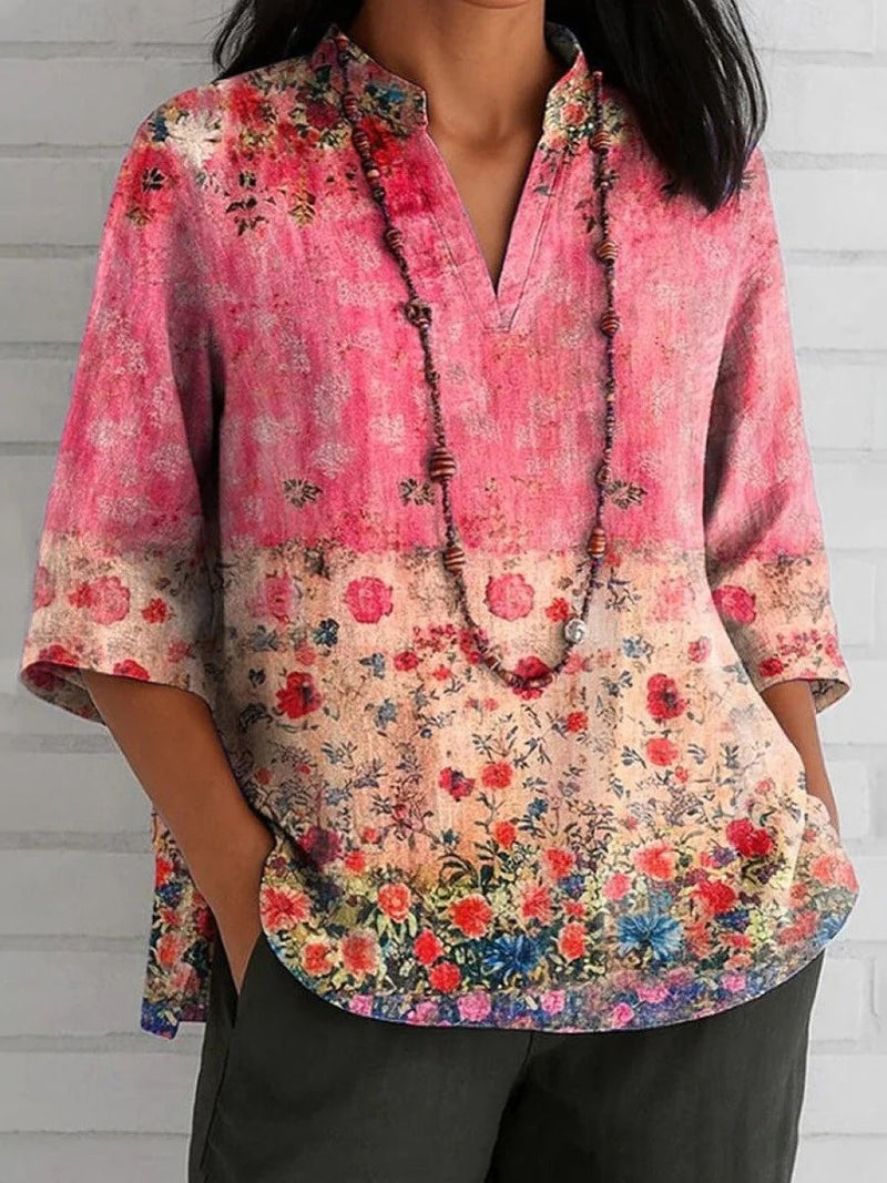 Pink V-Neck 3/4 Sleeve Floral Print Blouse