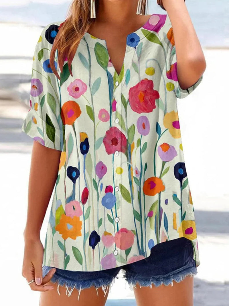 Romantic V-Neck Short Sleeve Floral Print Blouse