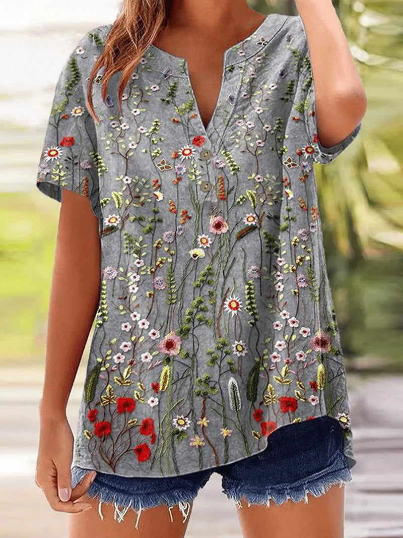Retro Grey Floral Print V-Neck Short Sleeve Blouse