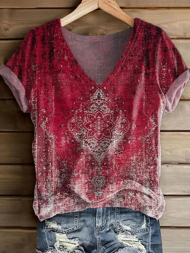 Showy Red V-Neck Short Sleeve Blouse