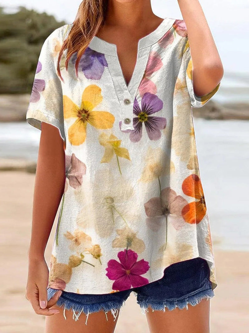 Attractive Floral Print V-Neck Short Sleeve Blouse