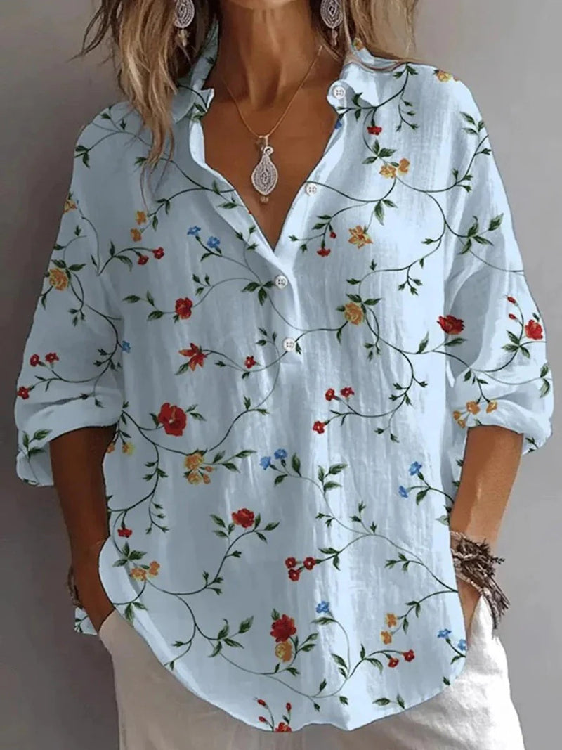 Light Blue Groovy Floral Collared Long Sleeve Blouse