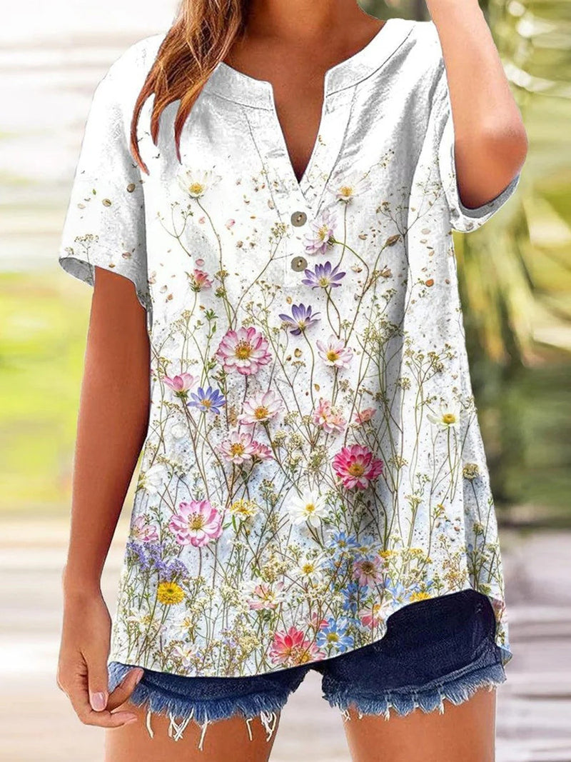 Chic Floral Print V-Neck Short Sleeve Blouse