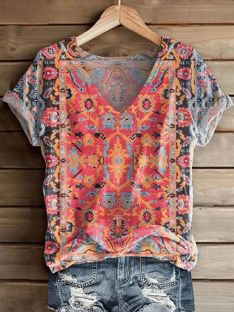 Red Special V-Neck Short Sleeve Blouse