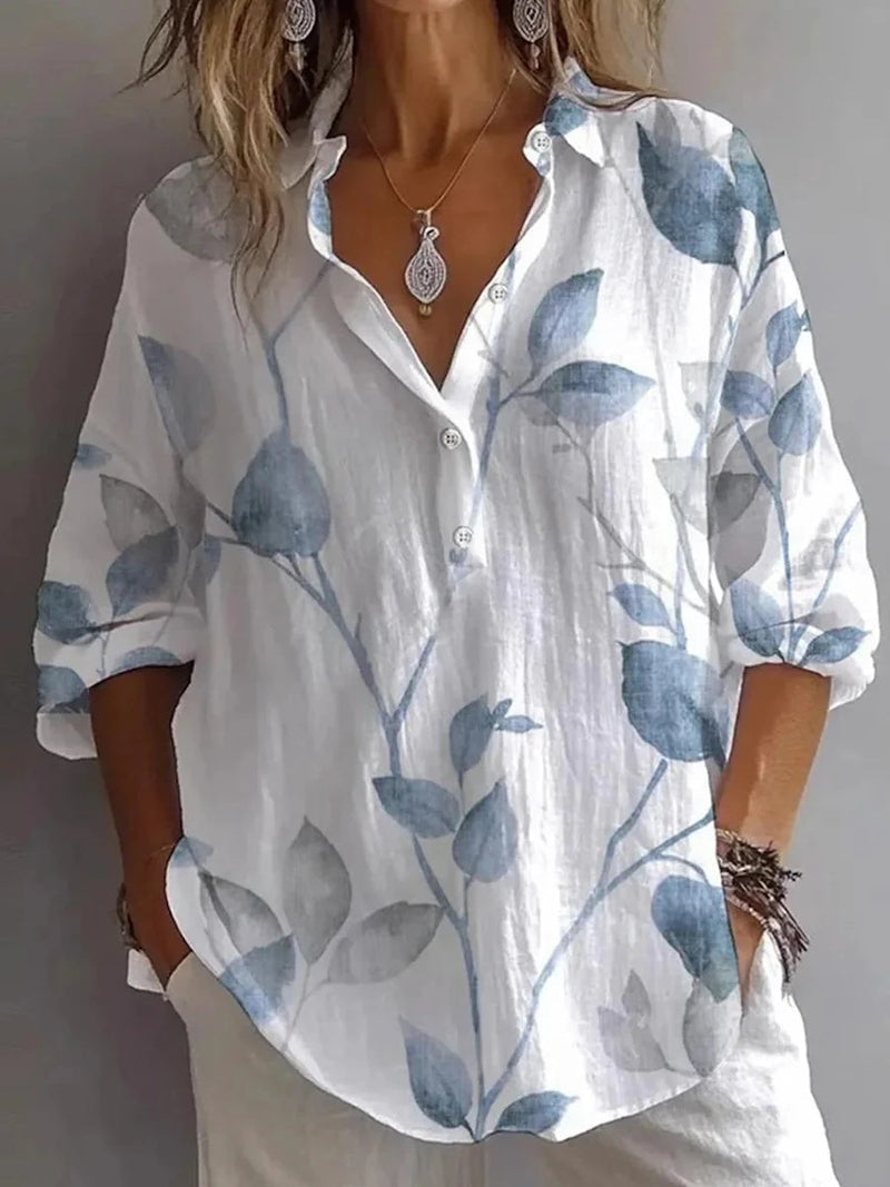 Fresh Plant Print Collared Long Sleeve Blouse