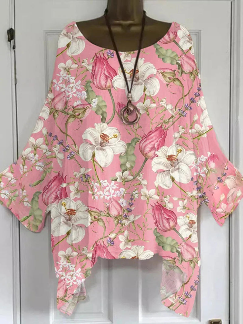 Vintage Flower Art Print Round Neck Long Sleeve Shirt