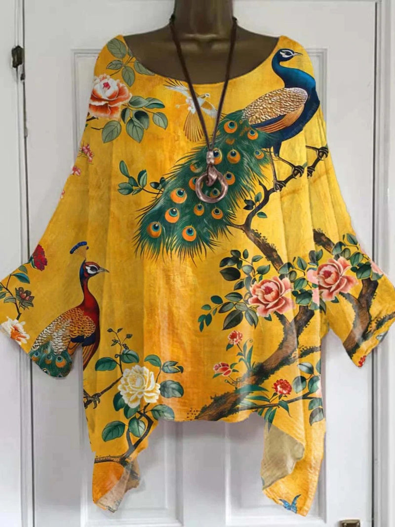 Vintage Floral Peacock Art Print Round Neck Long Sleeve Blouse