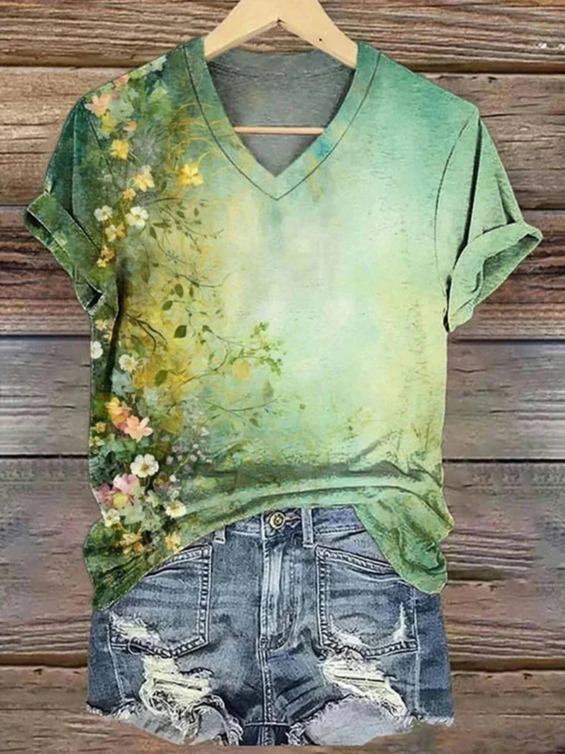 Vintage Floral Print V-Neck Short Sleeve T-Shirt