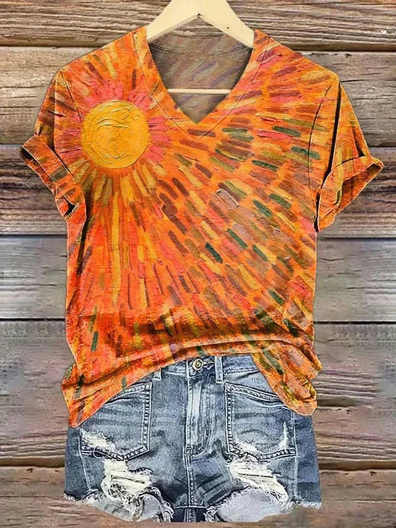 Colorful Abstract Print V-Neck Short Sleeve T-Shirt