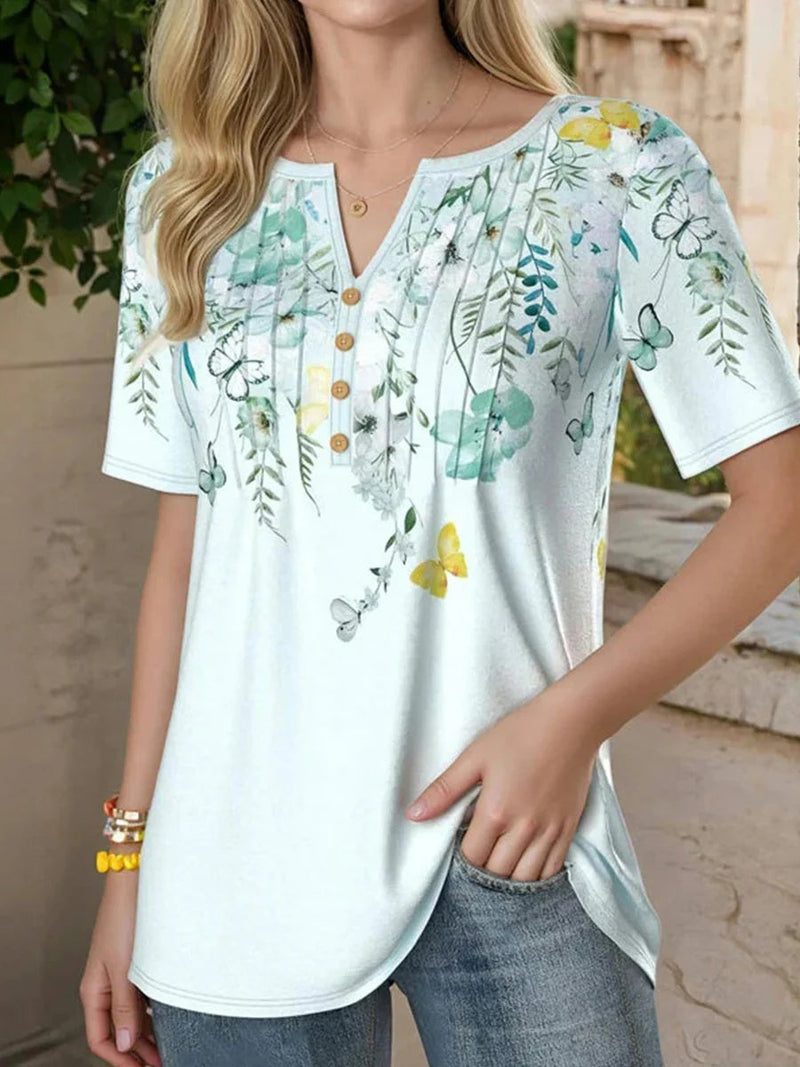 Casual Floral Print V-Neck Short Sleeve Blouse