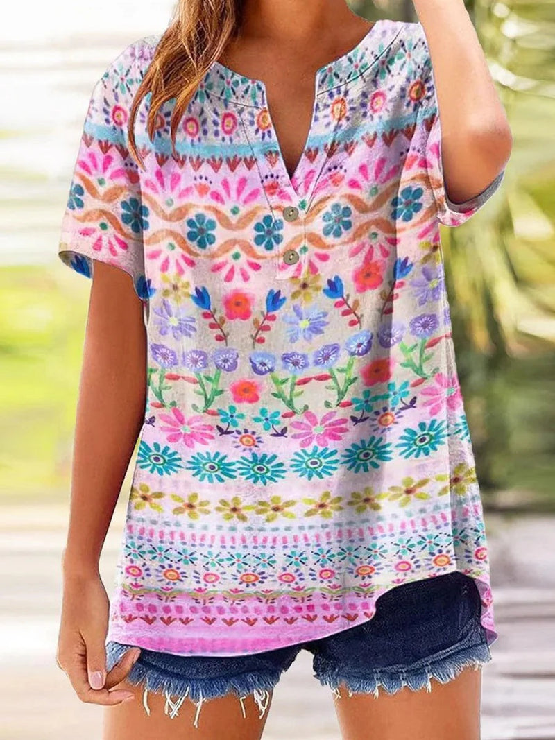 Sweet Pink V-Neck Short Sleeve Blouse