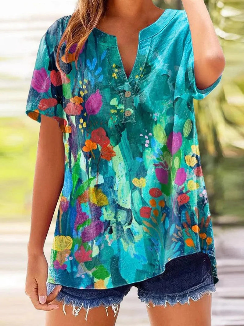 Multicolor Chic Floral Print V-Neck Short Sleeve Blouse
