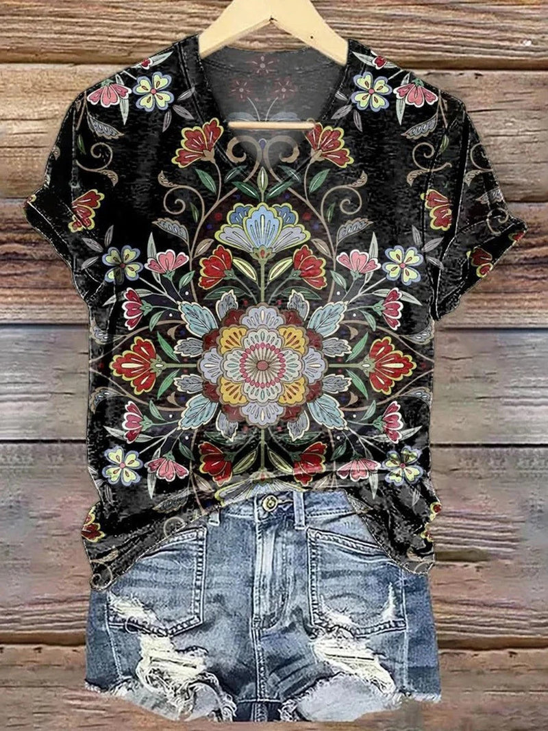 Multicolor Special V-Neck Short Sleeve Blouse
