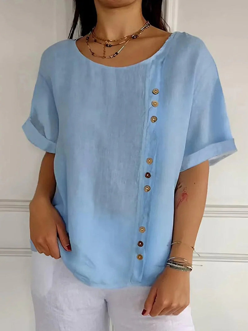 Dreamy Round Neck Short Sleeve Plain Blouse
