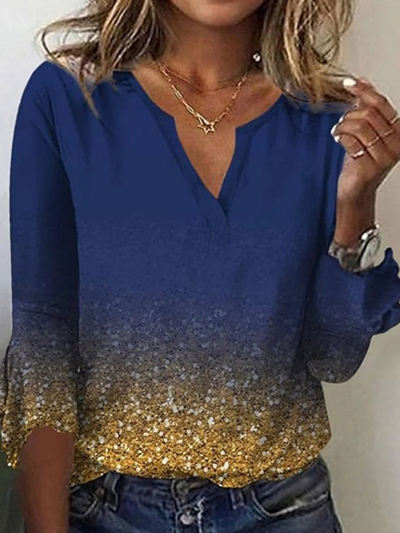 Stunning Blue V-Neck 3/4 Sleeve Blouse