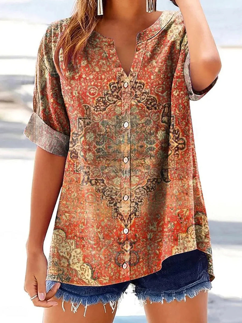 Retro Red V-Neck Short Sleeve Blouse