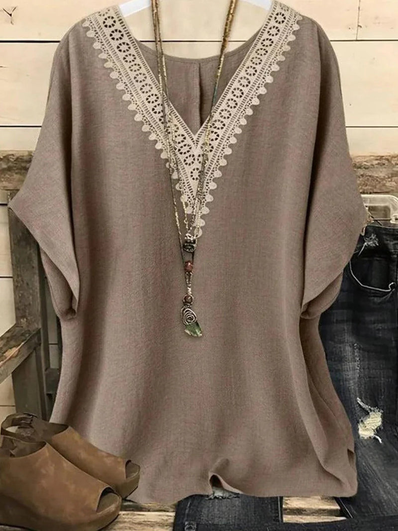 Brown V-Neck Half Sleeve Blouse