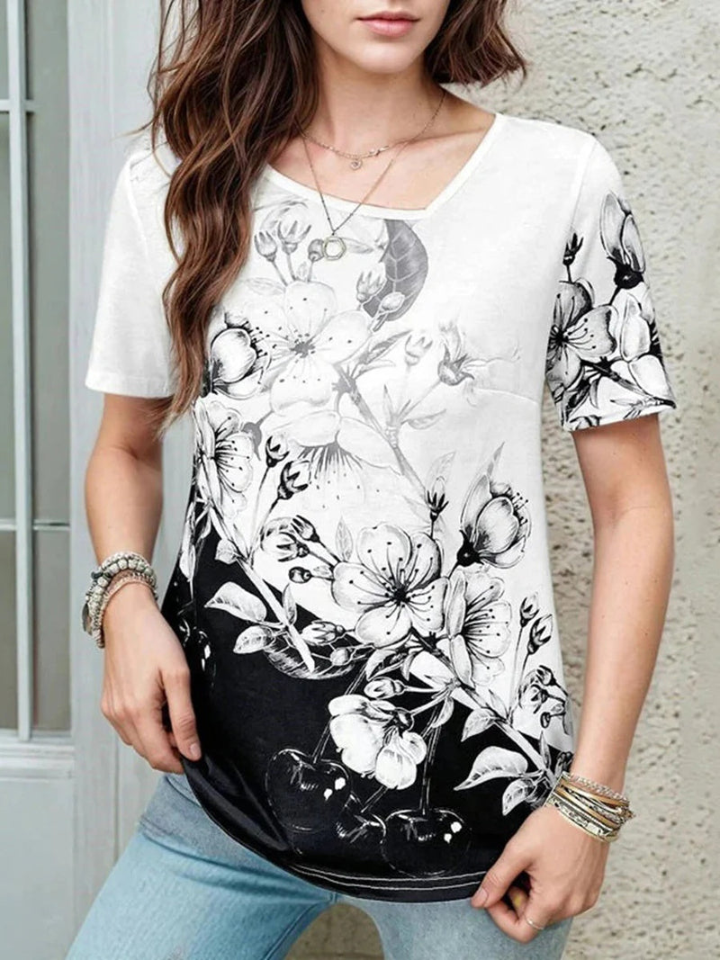 Color Block Floral Short Sleeve T-Shirt