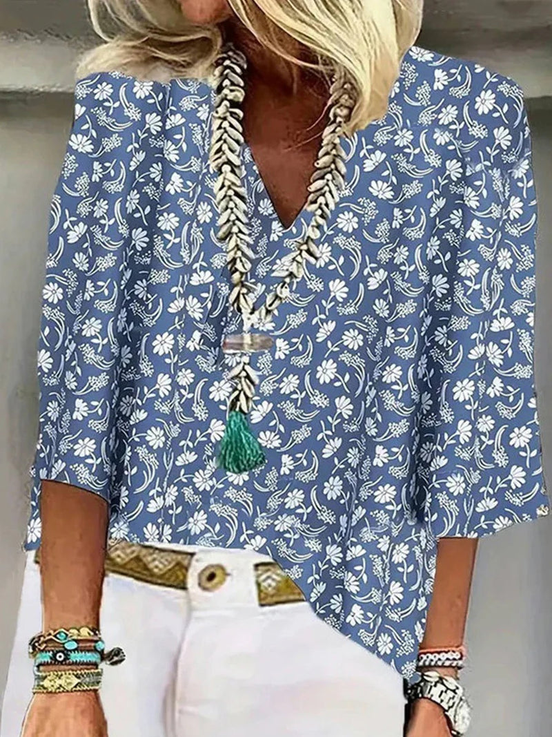 Vintage Floral Print V-Neck 3/4 Sleeve Blouse